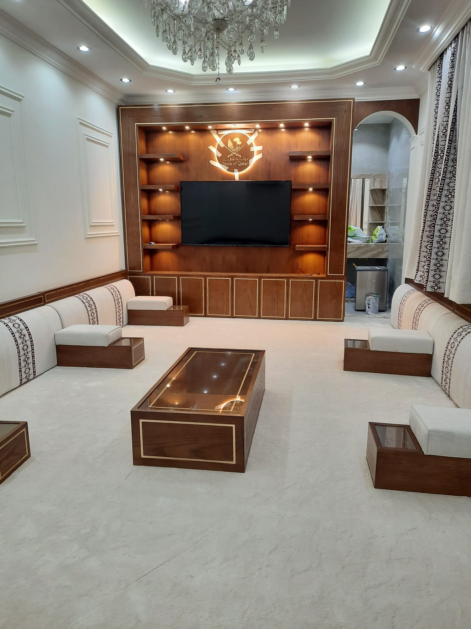 Modern majlis seating with low backs in a contemporary Doha villa